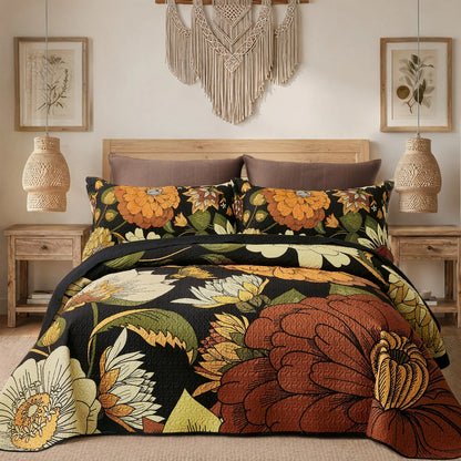 Boho Floral Quilt Set 3-Piece — Reversible Lightweight Bedspread with 2 Shams