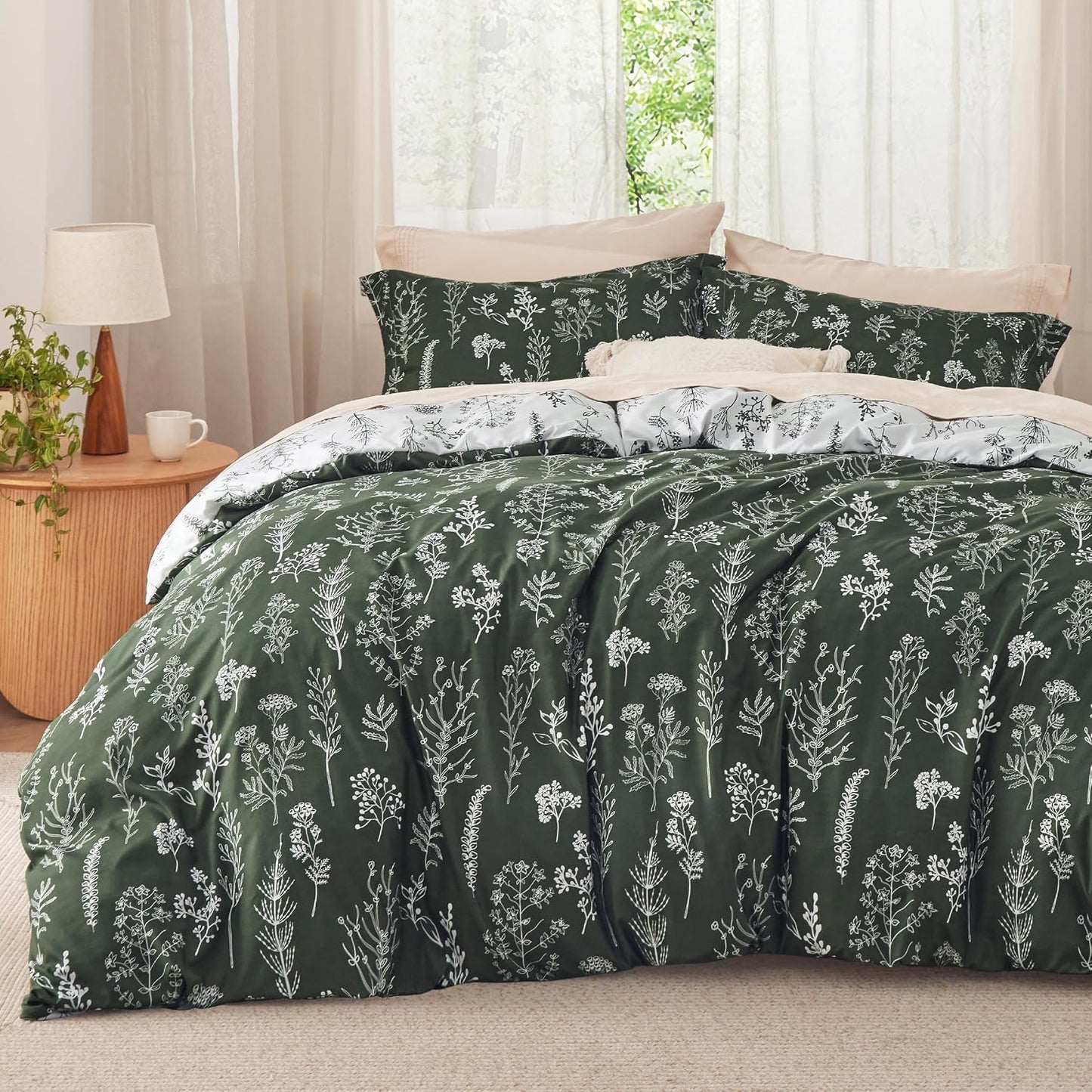 3Pcs Reversible Botanical Floral Comforter Set, Lightweight Soft Summer Bedding Set with 2 Pillow Shams, Bedroom Bedding Gift