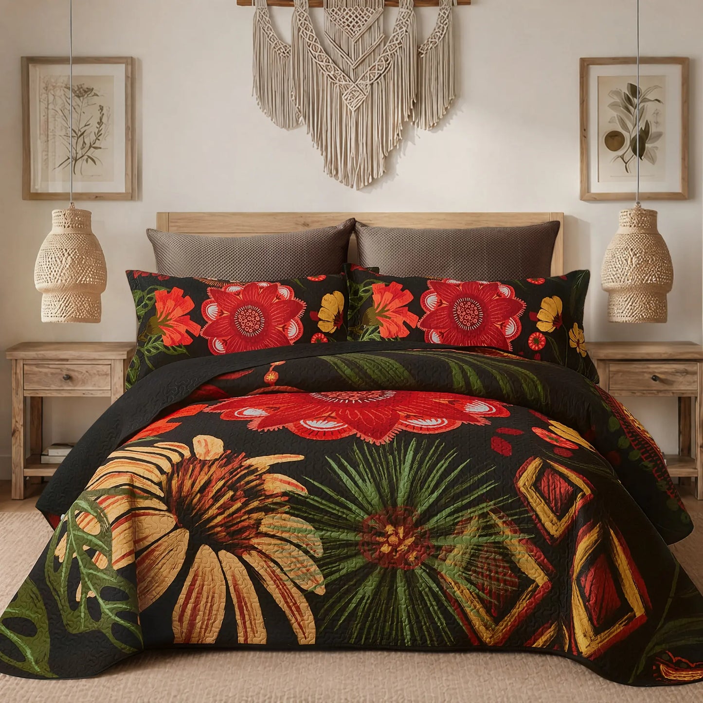 Boho Floral Quilt Set 3-Piece — Reversible Lightweight Bedspread with 2 Shams