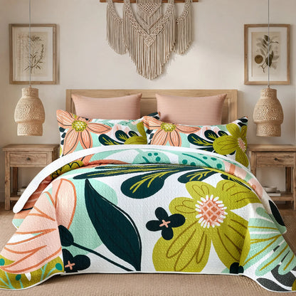 Boho Floral Quilt Set 3-Piece — Reversible Lightweight Bedspread with 2 Shams