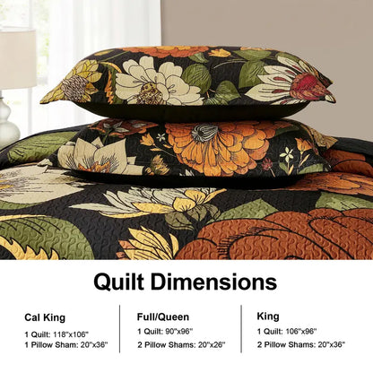 Boho Floral Quilt Set 3-Piece — Reversible Lightweight Bedspread with 2 Shams