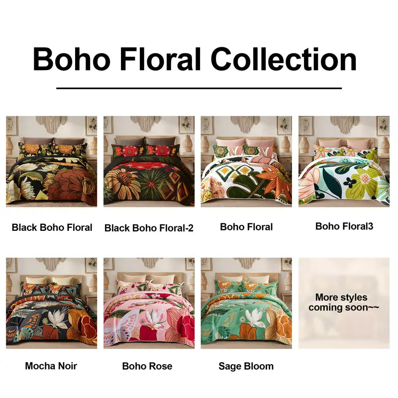Boho Floral Quilt Set 3-Piece — Reversible Lightweight Bedspread with 2 Shams