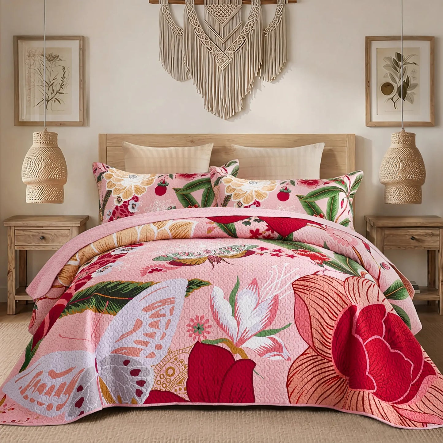 Boho Floral Quilt Set 3-Piece — Reversible Lightweight Bedspread with 2 Shams