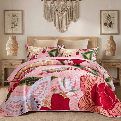 Boho Floral Quilt Set 3-Piece — Reversible Lightweight Bedspread with 2 Shams