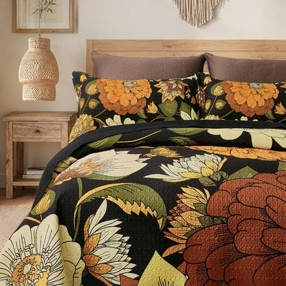 Boho Floral Quilt Set 3-Piece — Reversible Lightweight Bedspread with 2 Shams