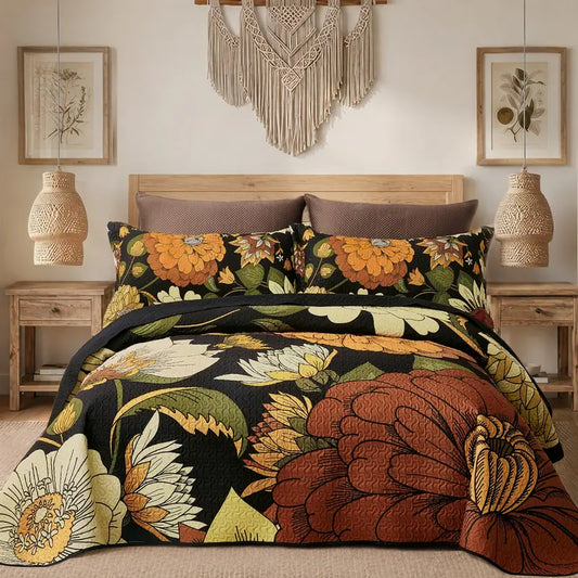 Boho Floral Quilt Set 3-Piece — Reversible Lightweight Bedspread with 2 Shams