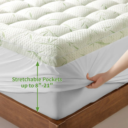 Extra Thick Mattress Topper, Bamboo Cooling Mattress Pad, Down Alternative Fill with 8-21" Deep Pocket